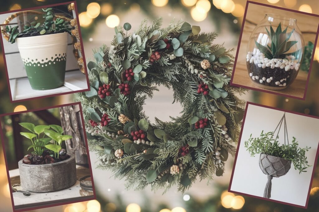 A collage-style design with overlapping photos of each craft. The wreath is the largest element, centered, with smaller frames showing the painted pot, terrarium, rustic planter, and hanging planter.