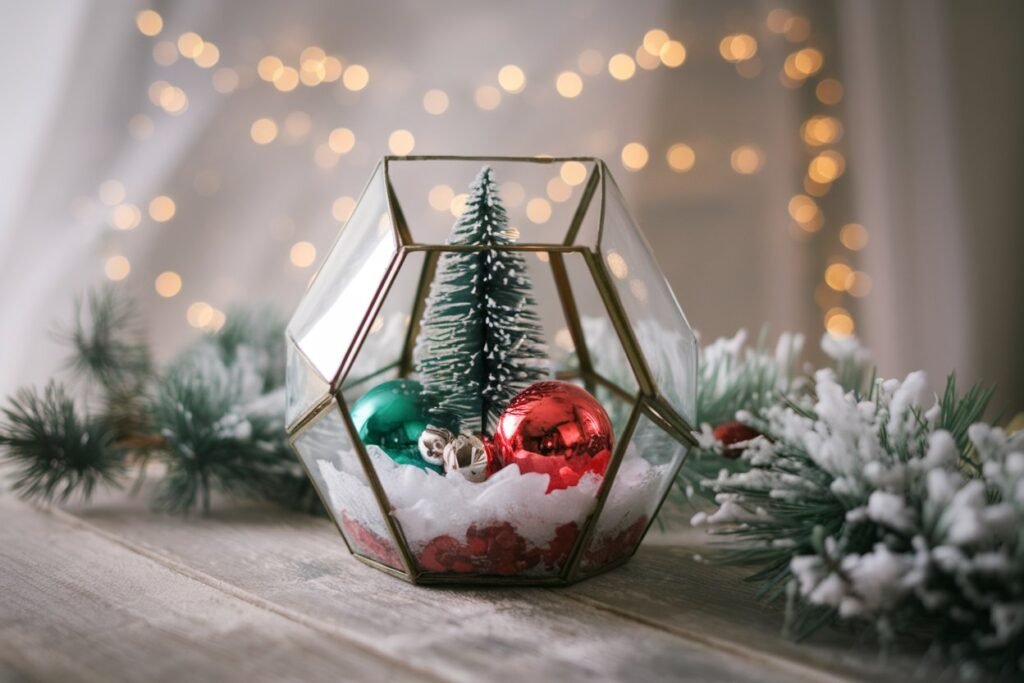 A glass terrarium filled with faux snow, a tiny evergreen tree, and a few red ornaments, placed on a wooden table with a soft bokeh effect in the background.
