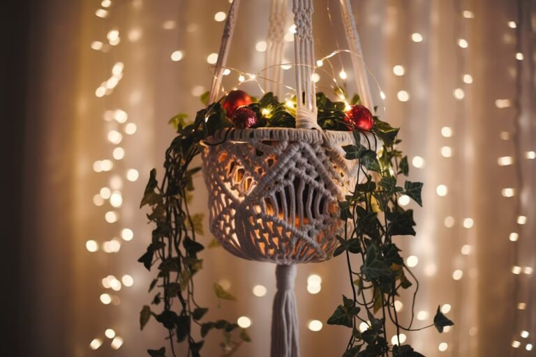 A close-up of a macramé hanging planter, adorned with fairy lights and tiny red ornaments. The planter holds cascading ivy, with soft warm lighting creating a glowing effect in the background.