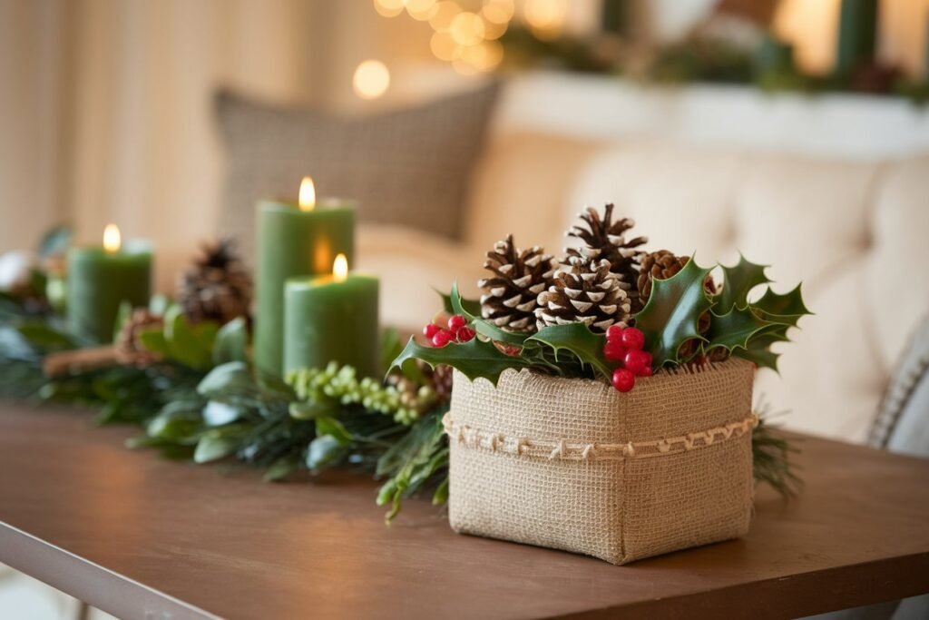 A single planter wrapped in burlap and decorated with pinecones and holly, placed on a holiday-themed table with candles and greenery