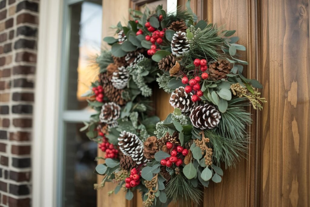 A detailed view of a holiday wreath made with fresh greenery, pinecones, and red berries.
