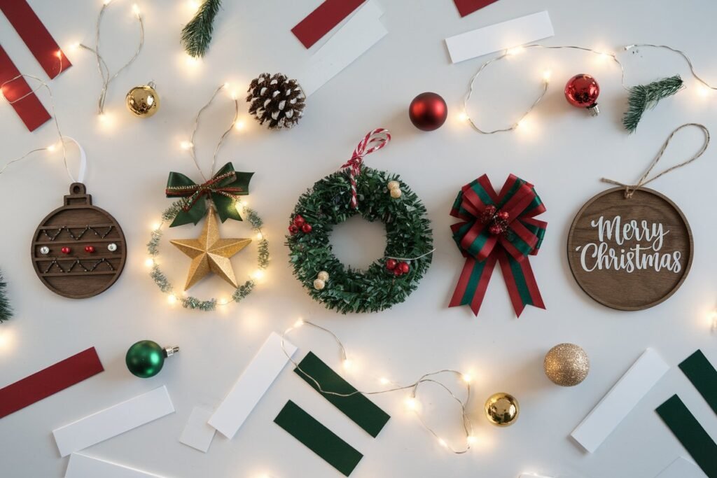 A minimalistic layout featuring all 5 crafts aligned horizontally in a clean, symmetrical design. Each item is styled with festive accents like fairy lights, ornaments, or greenery.