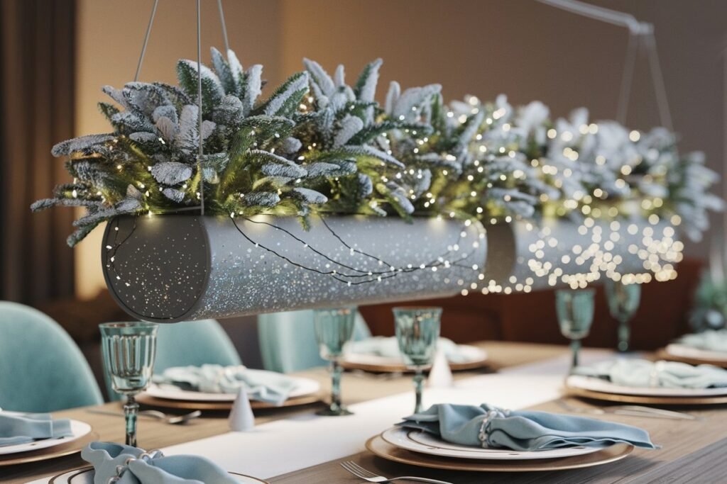 A hanging planter positioned above a festive dining table, creating a vertical centerpiece. Decorated with faux snow, glitter, and fairy lights.