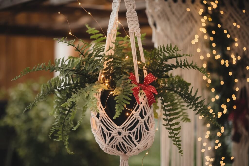 A single macramé planter with a trailing ivy plant, decorated with mini red ornaments and fairy lights, hanging by a frosted window with natural light